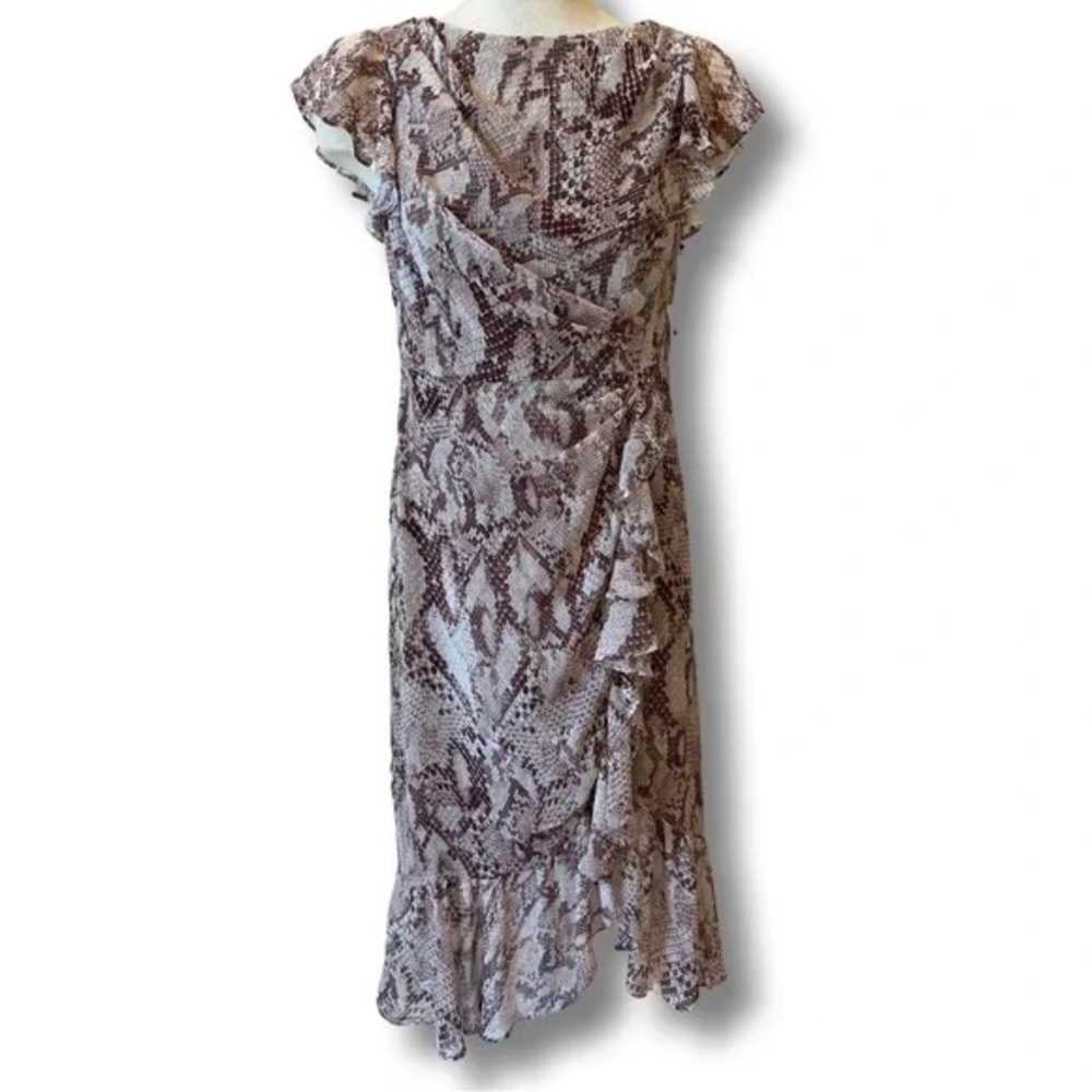 Vince Camuto Womens Chiffon Midi Dress Sz 12 Ruffle Flutter Sleeve Snakeskin